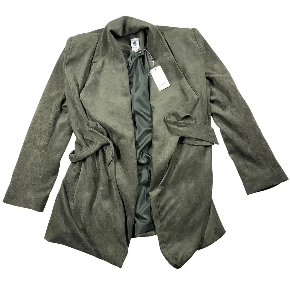 Flawless Wrap Jacket Womens XS Olive Green Faux Suede Belted Trench Coat NWT